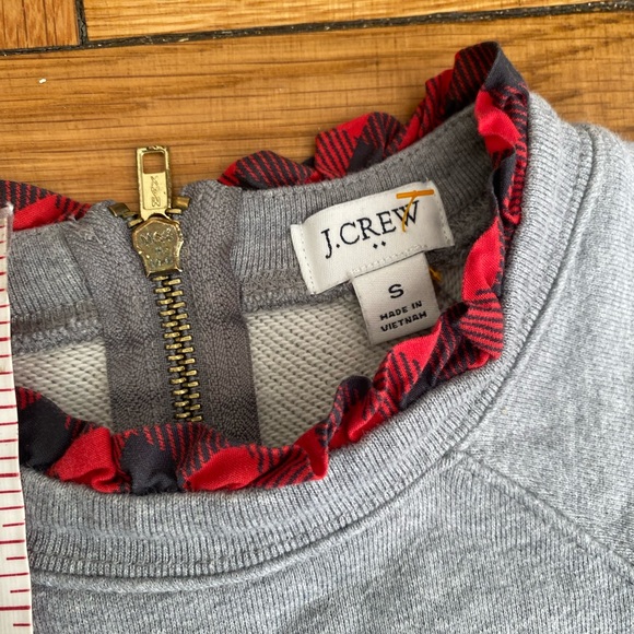 J. Crew Gray Sweatshirt Red & Black Square pattern Ruffleneck - Small - Picture 2 of 8